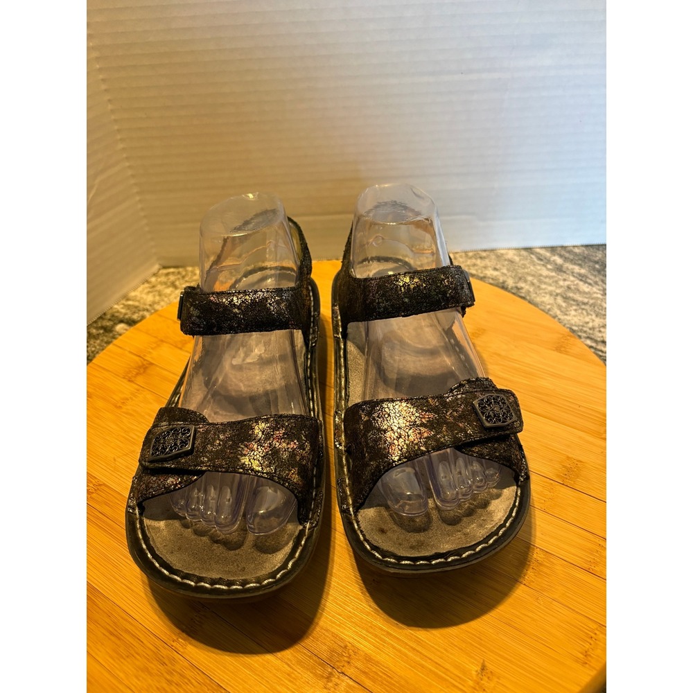 Alegria Verona Metallic Floral Leather Comfort Sandals Womens 38 Black Silver